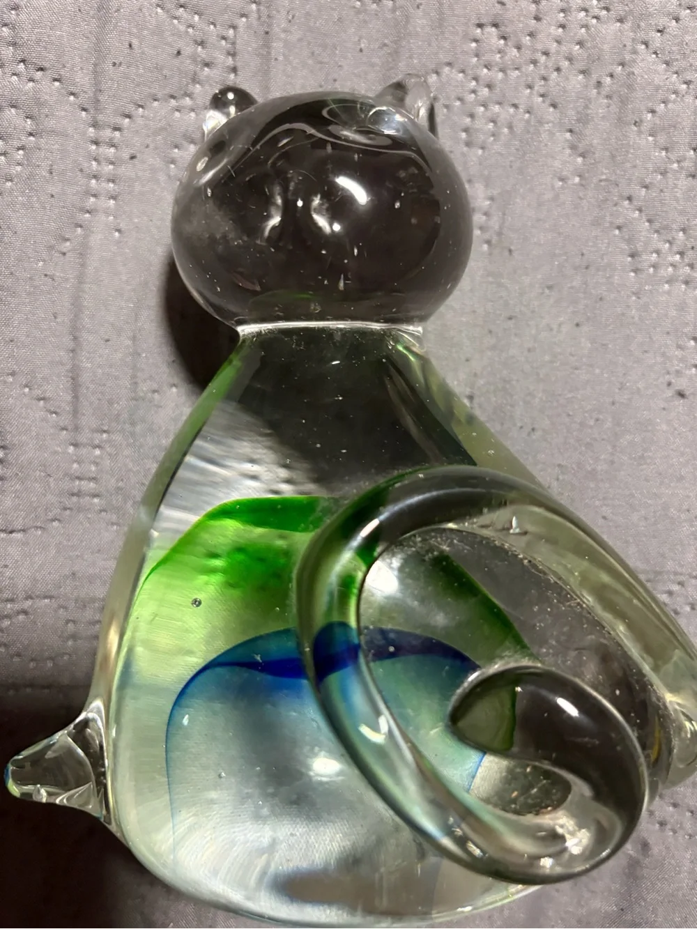 Clear Glass Cat Figurine with Green and Blue Swirl - Brand Unbranded